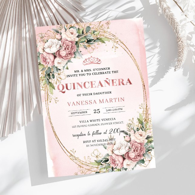Convites Stylish Blush Pink Floral Greenery Quinceañera  (Stylish Blush Pink Floral Greenery Quinceañera Invitation

)