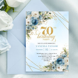 Convites Stylish bohemian blue florals gold 70th birthday 