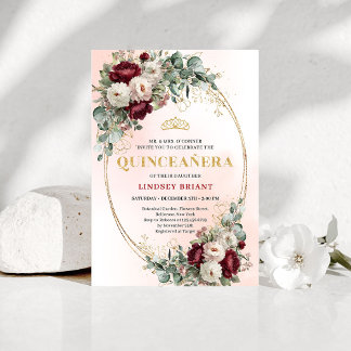 Convites Stylish Bohemian Maroon Flowers Gold 15th Birthday