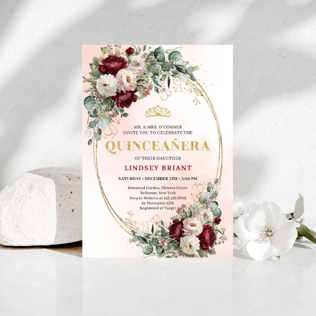 Convites Stylish Bohemian Maroon Flowers Gold 15th Birthday (Stylish Bohemian Maroon Flowers 15th Birthday Invite)