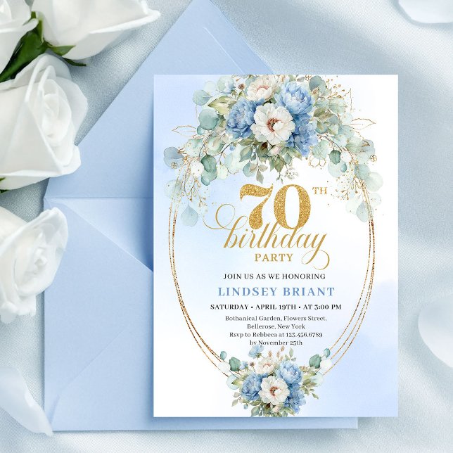 Convites Stylish Boho Blue Gold Floral 70th Birthday Invite (Stylish Boho Blue Gold Floral 70th Birthday Invitation

)