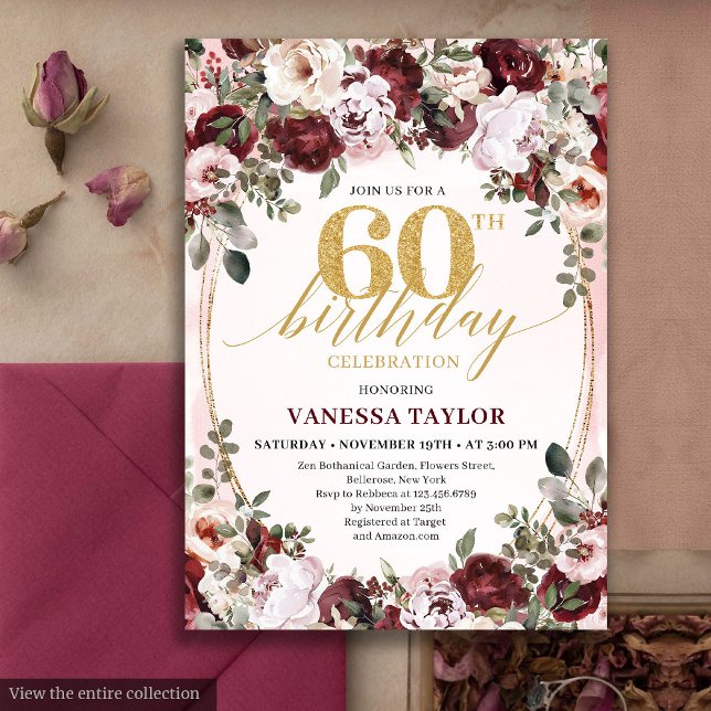 Convites Stylish Boho Burgundy Floral 60th Birthday Invite (Stylish Boho Burgundy Floral 60th Birthday Invite)