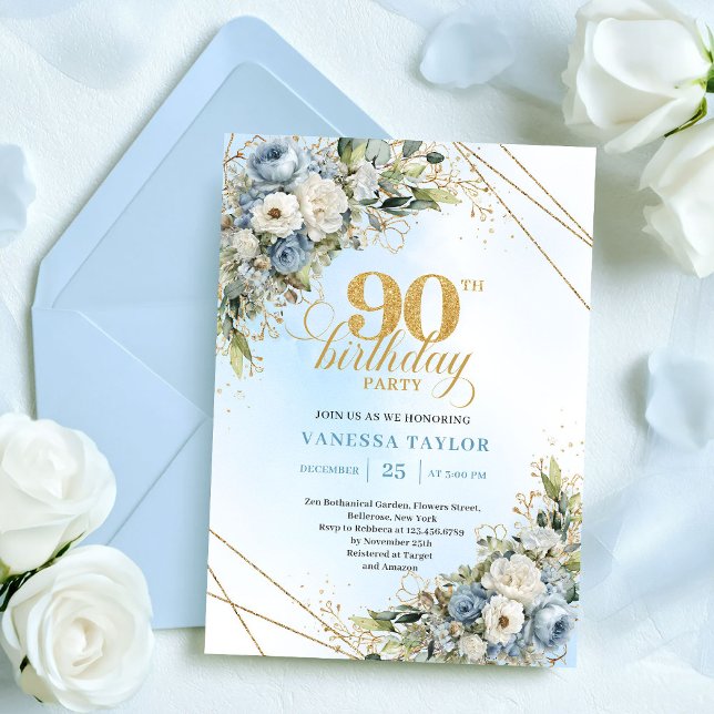 Convites Stylish Boho Dusty Blue Gold Accent 90th Birthday (Stylish Dusty Blue Gold Accent 90th Birthday Invite

)