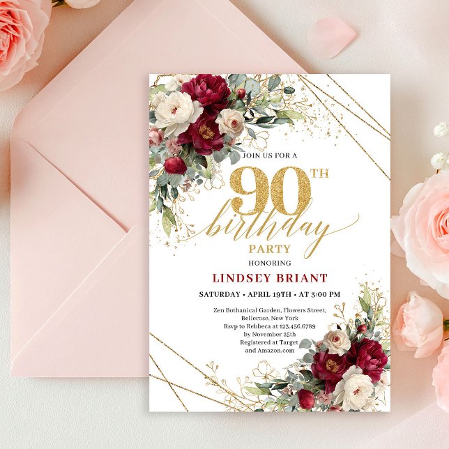 Convites Stylish Boho Merlot White Gold Roses 90th Birthday (Classic Burgundy White Gold Roses 90th Birthday Card

)
