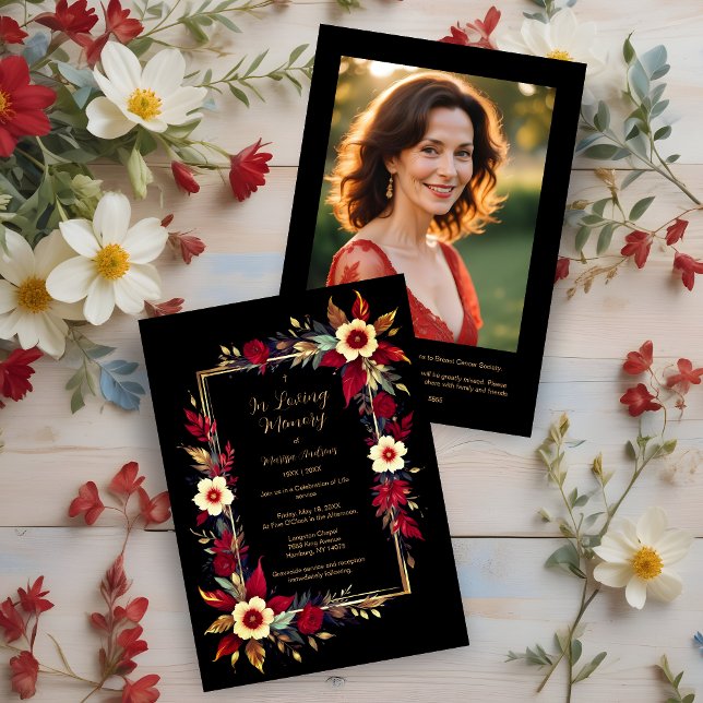 Convites Stylish Botanical Red Shades Frame Photo Funeral (Stylish Botanical Red Shades Frame Photo Funeral Invitation Card. )