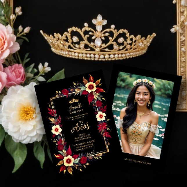 Convites  Stylish Botanical Red Shades Frame Photo Spanish  (Stylish Botanical Red Shades Frame Photo Spanish Photo Quinceañera Invitations)