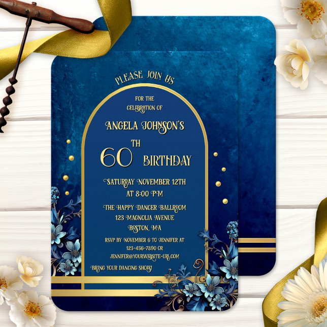 Convites Stylish Classic Blue Gold Floral Birthday (Adult birthday party invitation featuring a classic blue design with flowers and golden accents)