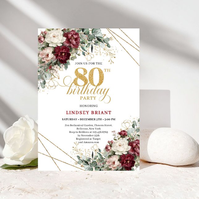 Convites Stylish Deep Red Flowers Eucalyptus Gold 80th Birt (Stylish Deep Red Flowers Eucalyptus Gold 80th Birthday Card

)