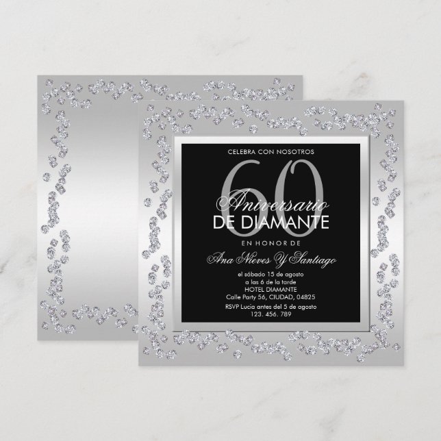 Convites Stylish Diamonds Silver 60th Wedding Anniversary (Frente/Verso)