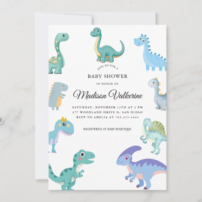 Convites Stylish Dinosaur Baby Shower White (Frente)