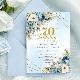 Convites Stylish dusty blue eucalyptus gold 70th birthday 
