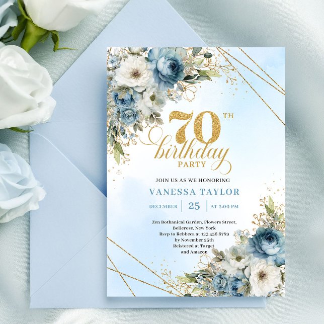 Convites Stylish dusty blue eucalyptus gold 70th birthday  (Stylish dusty blue eucalyptus gold 70th birthday invite

)
