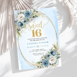 Convites Stylish Dusty Blue Floral Gold Sweet 16th Invite