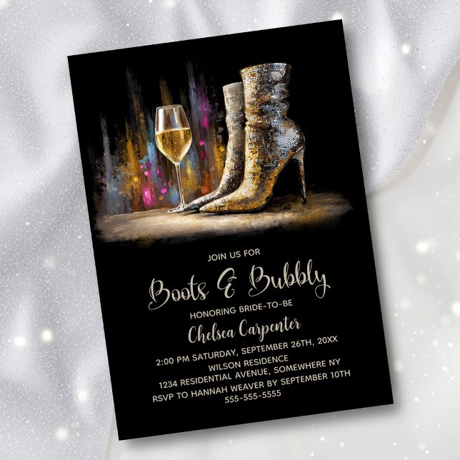 Convites Stylish Gold Sequin Boots and Bubbly Bridal Shower (Criador carregado)