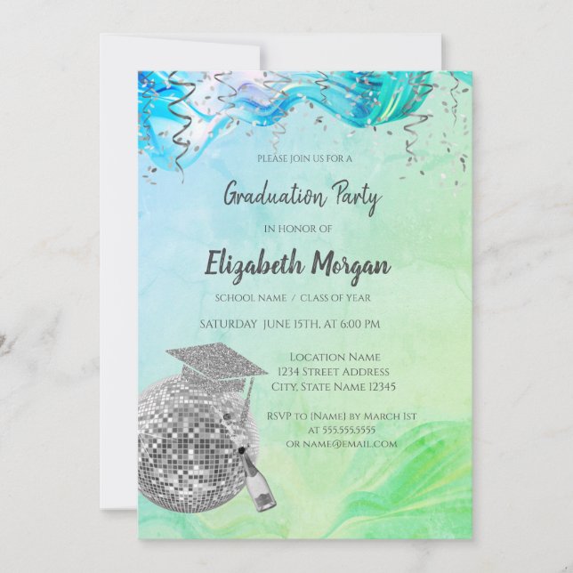 Convites Stylish Grad Cap,Disco Ball,Wine Green Abstract (Frente)