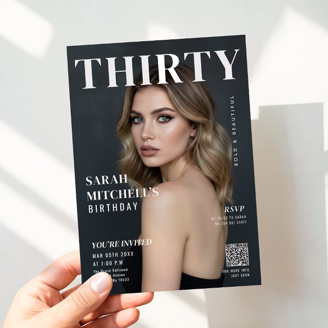 Convites Stylish Magazine Cover Photo 30th Birthday QR Code (Criador carregado)