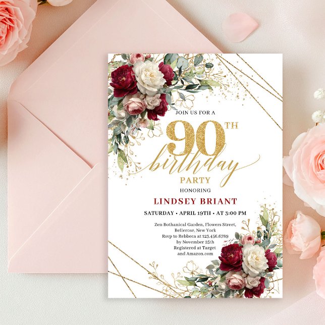 Convites Stylish Marsala Gold Roses 90th Birthday Invitatio (Stylish Marsala Gold Roses 90th Birthday Invitation

)