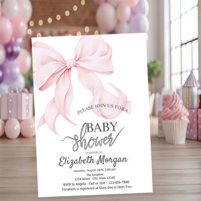 Convites Stylish Pink Bow Striped Baby Shower (Criador carregado)