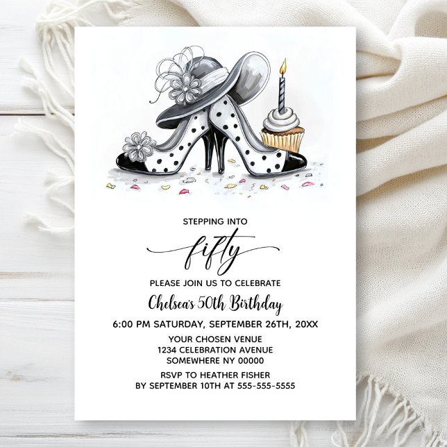 Convites Stylish Polka Dot High Heel Shoes 50th Birthday (Criador carregado)