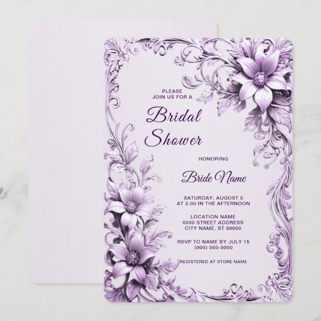 Convites Stylish Purple Flowers Bridal Shower Invitation (Frente/Verso)