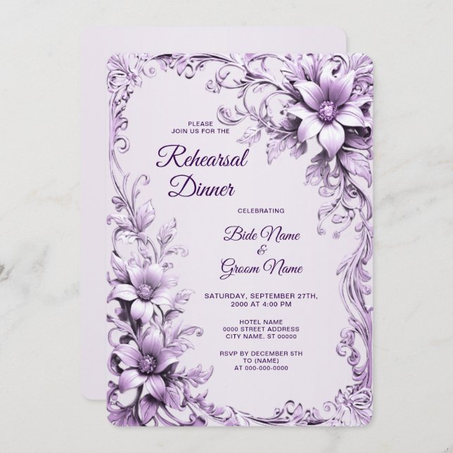 Convites Stylish Purple Flowers Rehearsal Dinner (Frente/Verso)