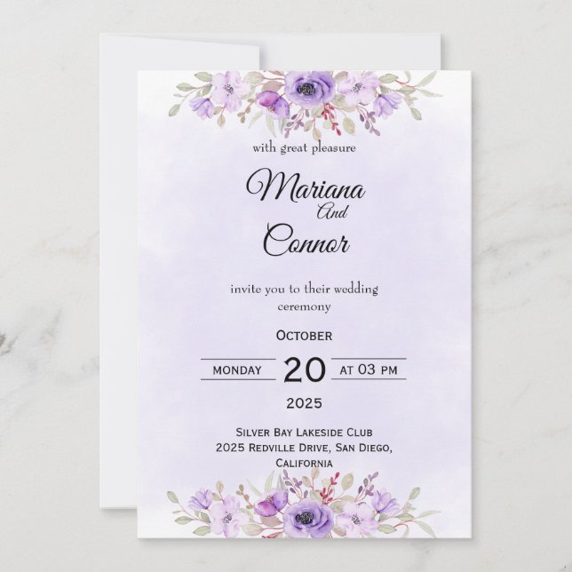 Convites Stylish Purple Minimalist Floral Wedding  (Frente)