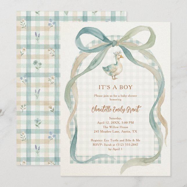 Convites Stylish Sweet Teal Bow Goose Baby Shower TMF26 (Frente/Verso)