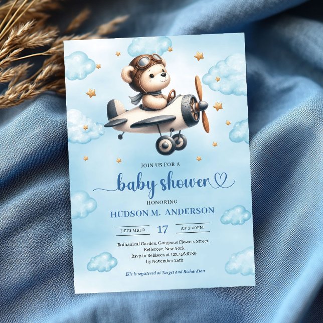 Convites Stylish Teddy Bear Pilot Blue Gold Baby Shower  (Stylish Teddy Bear Pilot Blue Gold Baby Shower Invitation

)