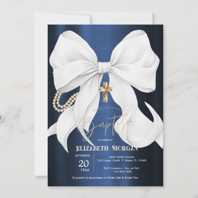 Convites Stylish White Bow Pearls Navy Blue Metallic (Frente)