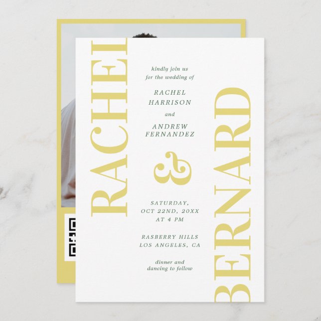 Convites Stylish Yellow & Green Typography QR Code Wedding (Frente/Verso)