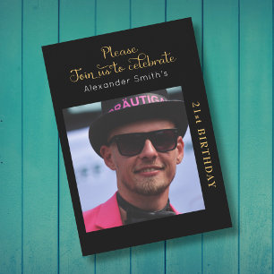 Convites Sua aniversário de 21 anos de Foto Preta E Dourada