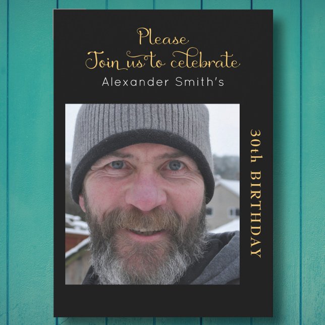 Convites Sua aniversário de 30 anos de Foto Preta E Dourada (Criador carregado)