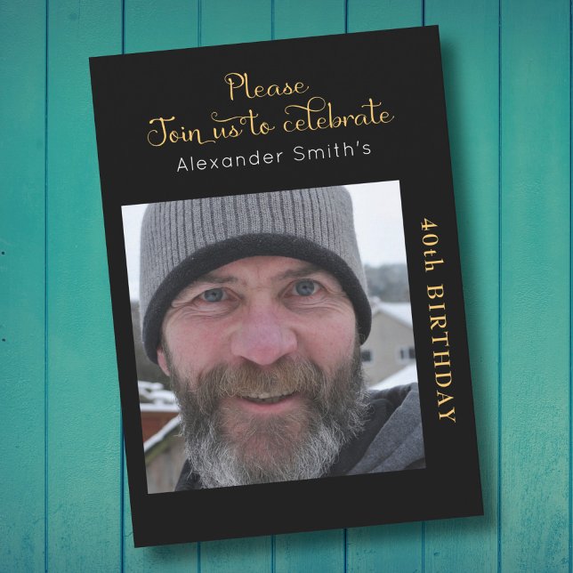 Convites Sua aniversário de 40 anos de Foto Preta E Dourada (Criador carregado)