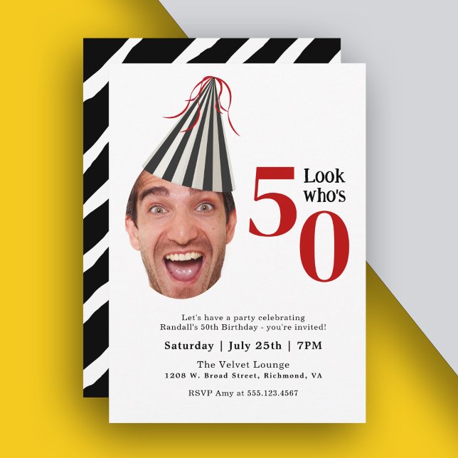 Convites Sua foto com o festival divertimento 50º aniversár (Personalize this fun 50th birthday party invite with your photo and party details.)
