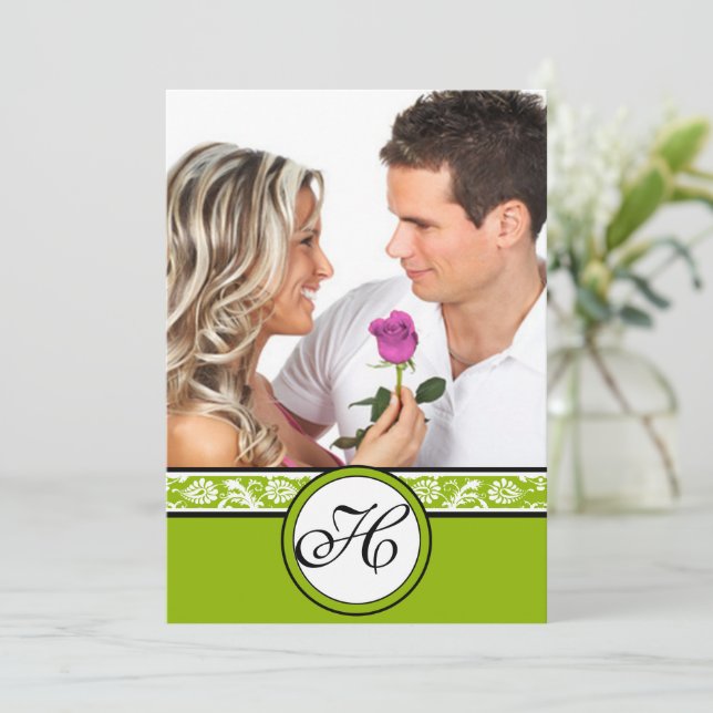 Convites Sua Foto Damask Apple Green Weditation (Em pé/Frente)