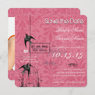 Convites Sua Foto Damask Bird Cage Casamento Salve a Data