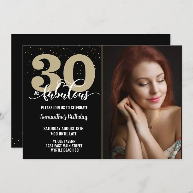 Convites Sua Foto Dourada 30 Fabulosa Festa de aniversário (Frente/Verso)