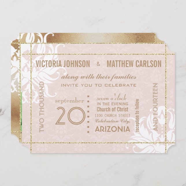 Convites Sua Foto Dourada Rosa Damask Floral Casamento (Frente/Verso)