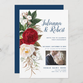 Convites Sua foto Watercolor Floral Marinho Burgundy