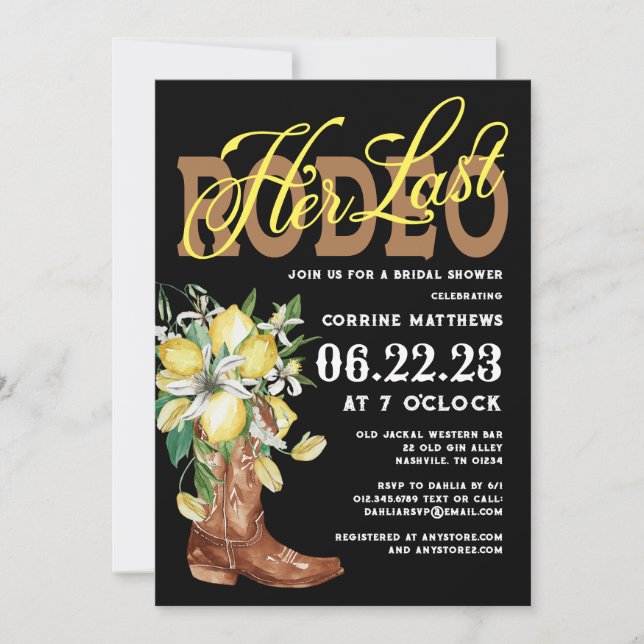 Convites Sua Última Garota Rodeo Boots Chá de panela Lemons (Frente)