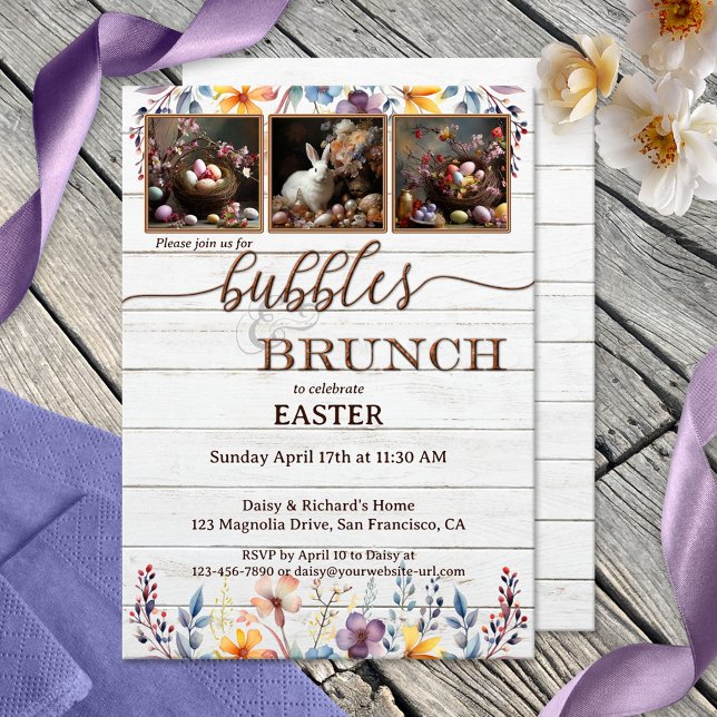 Convites Suas Páscoas russas e Brunch (Rustic Bubbles & Brunch invitation featuring your photos framed by watercolor wildflowers)