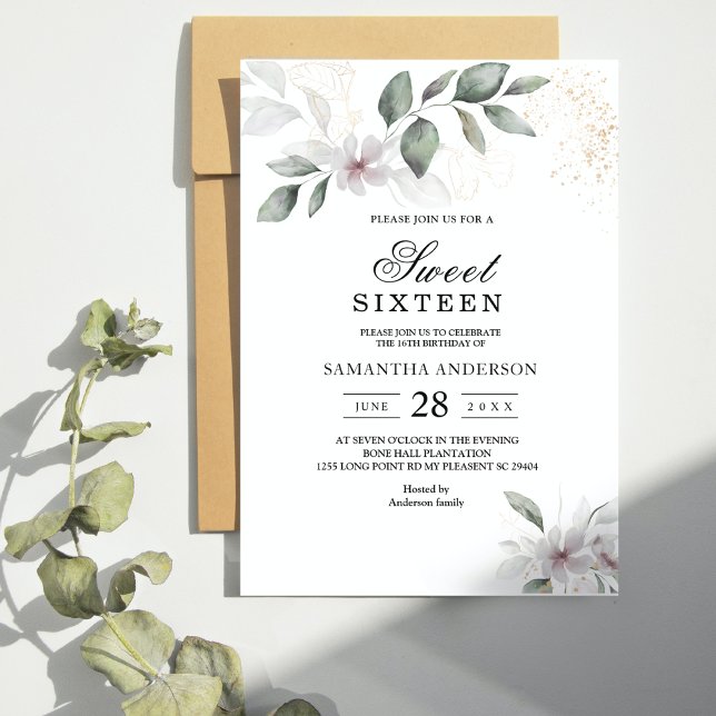 Convites Suave Folhagem Aquarela Folha e Flor | Dourado (Criador carregado)