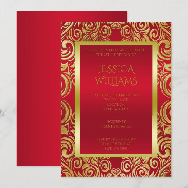 Convites Suavidades Douradas e Festa de aniversário vermelh (Frente/Verso)