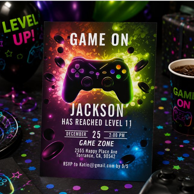 Convites  Suba de Nível! Festa de Aniversário Neon de Video (Level Up! Neon Video Game Birthday Party Invitation)
