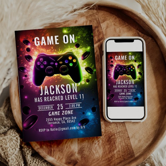 Convites Suba! Festa de aniversário Neon Video Game (Criador carregado)