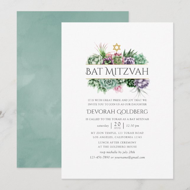 Convites Succulent Geométrico Aquarela Bat Mitzvah (Frente/Verso)
