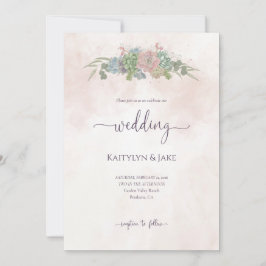 Convites Succulent Green and Blush Wedding Invitation