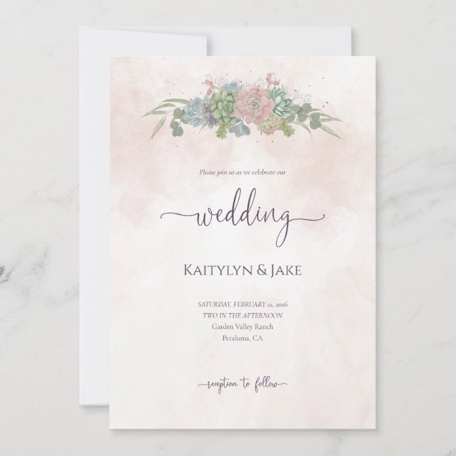 Convites Succulent Green and Blush Wedding Invitation (Frente)