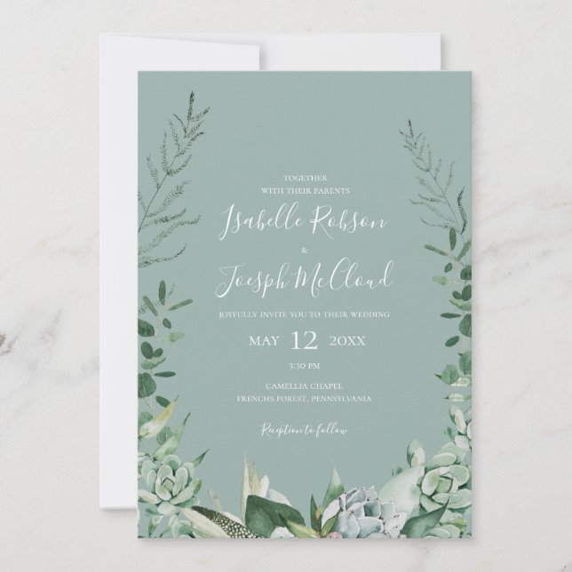 Convites Succulent Greenery | Sage Green All In One Wedding (Frente)