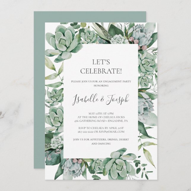 Convites Succulent Greenery | Sage Green Vamos Celebration  (Frente/Verso)